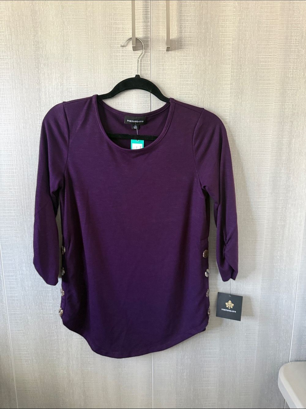 Foxcroft Plum 3/4 Sleeve Top with Side Button Detail